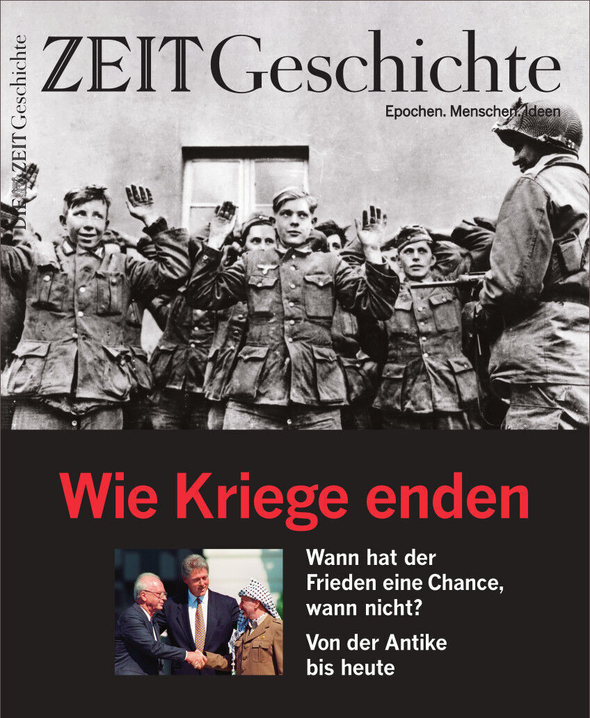 Das Cover des Magazins 'ZEIT GESCHICHTE 6/23 Wie Kriege enden' zeigt ein historisches Schwarz-Weiß-Foto von Soldaten mit erhobenen Händen. Der Titel des Magazins und ein besonderer Fokus auf Friedensbemühungen von der Antike bis zur Gegenwart sind hervorgehoben.