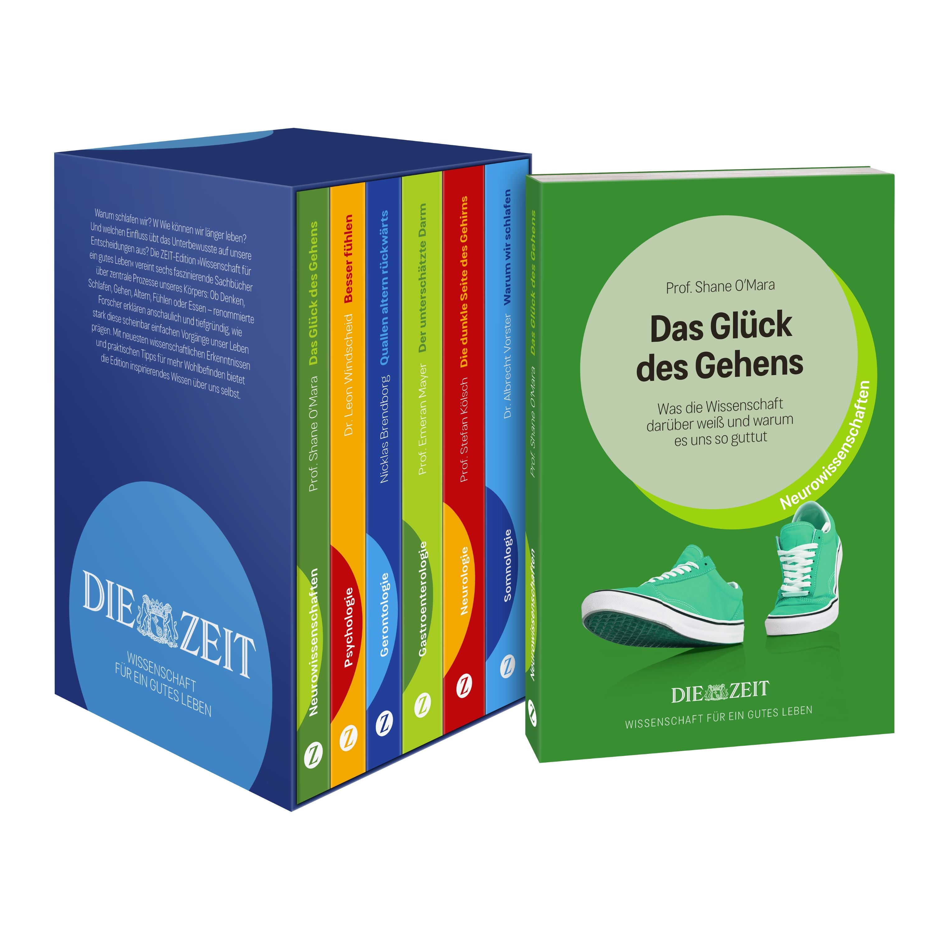 Mehrteiliges ZEIT-Edition Buchset mit dem Titel »Wissenschaft für ein gutes Leben«, bestehend aus mehreren farbigen Büchern in einer blauen Box. Das vorderste Buch hat einen grünen Umschlag mit zwei illustrierten Turnschuhen und dem Titel »Das Glück des Gehens« von Prof. Shane O'Mara.