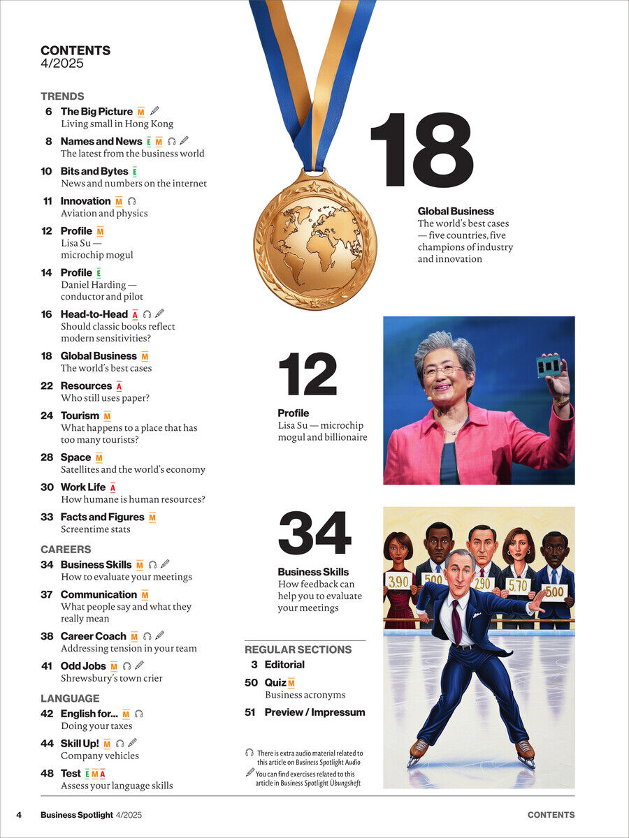 Titelseite des Business Spotlight Magazins Ausgabe 4/2025 mit Inhalten zu globalen Wirtschaftsthemen, Trends, Kompetenzentwicklung und Interviews. Gezeigte Bilder von Geschäftsleuten und Medaille, farbliche Gestaltung in Weiß, Blau, Gold, Schwarz und Grau.