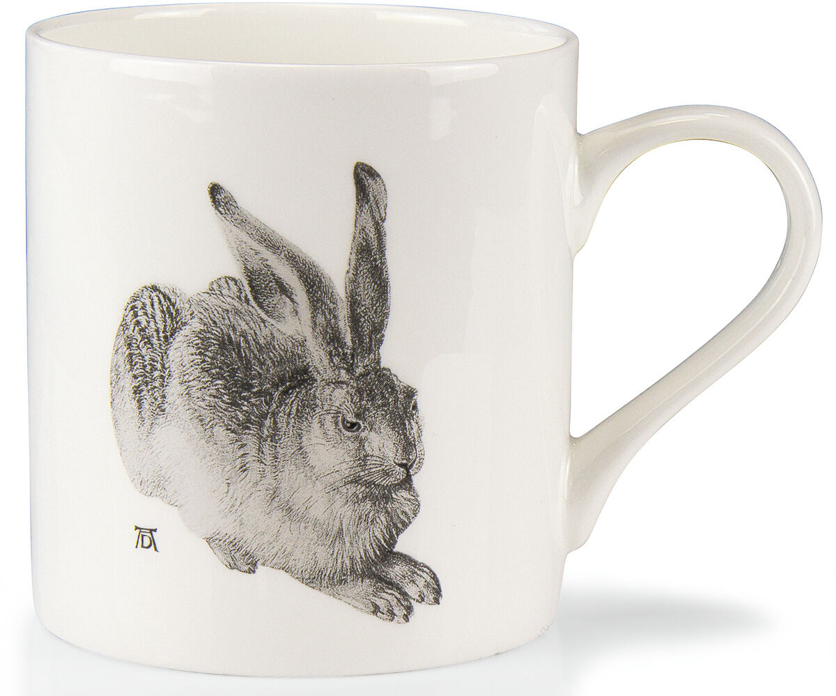 Porzellanbecher-Set mit vier Tassen, auf jeder ist ein detaillierter Feldhase abgebildet, inspiriert von Albrecht Dürer. Die Tassen sind hauptsächlich in Weiß gehalten mit einem schwarzen Hasenmotiv.