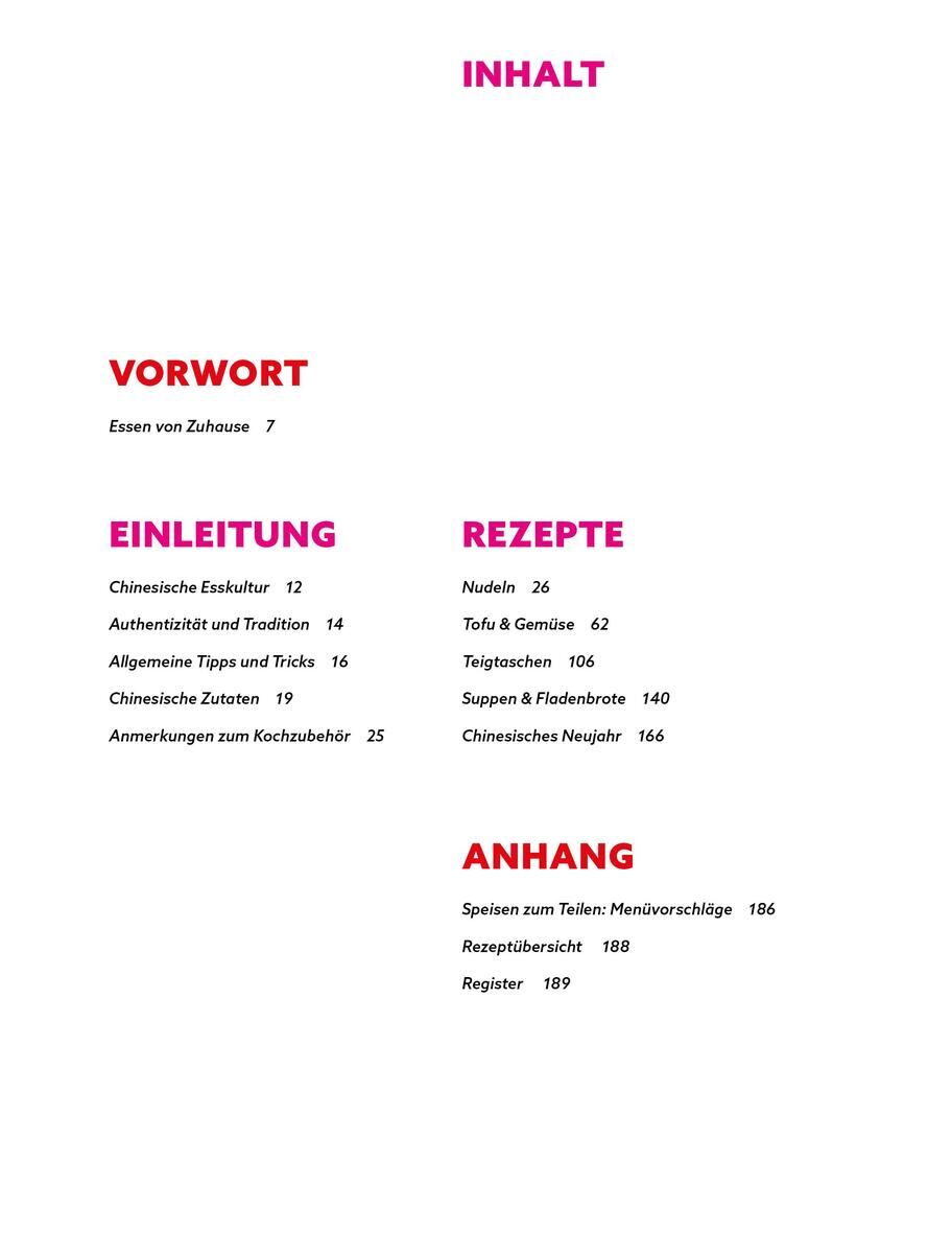 Inhaltsverzeichnis des Buches 'Einfach chinesisch - Rezepte für jeden Tag' mit rot-schwarzen Texten auf weißem Hintergrund. Die Kapitel sind Vorwort, Einleitung, Rezepte und Anhang.