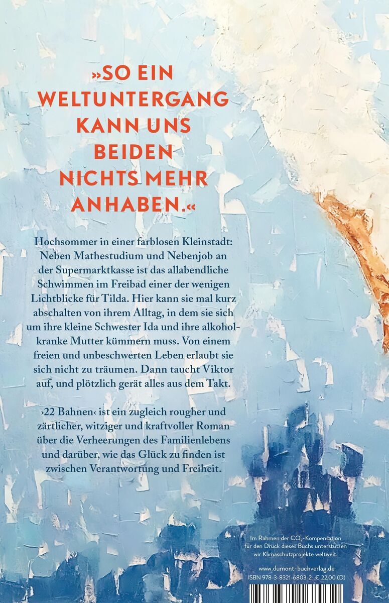 Rückseite des Buches ‚22 Bahnen‘ von Caroline Wahl. Ein Zitat und eine kurze Inhaltsbeschreibung sind auf einem abstrakten, blau- und beigefarbenen Hintergrund zu sehen.