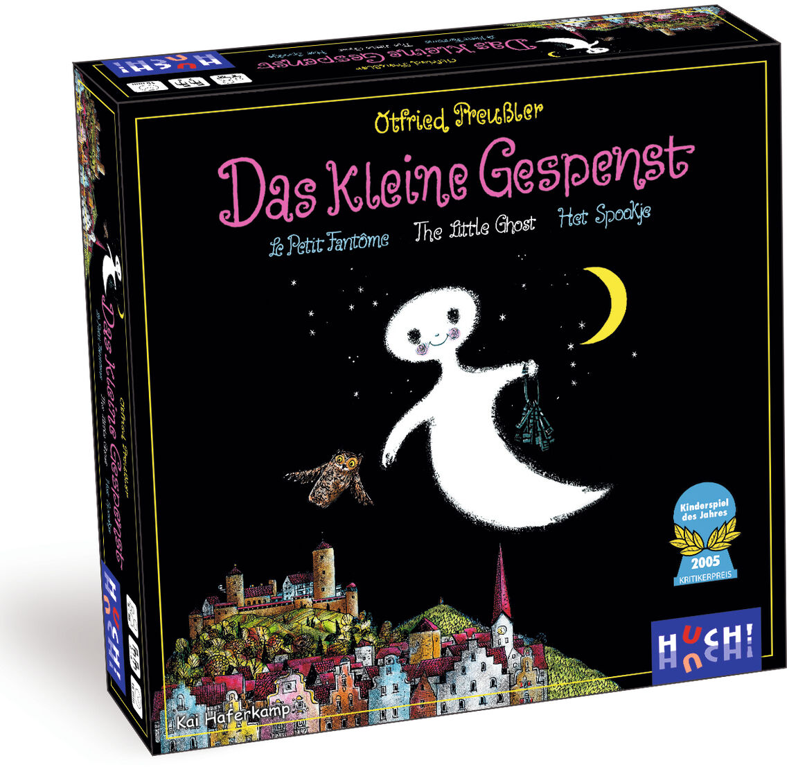 Die Verpackung des Brettspiels »Das kleine Gespenst« von Otfried Preußler ist abgebildet. Das Bild zeigt ein freundliches weißes Gespenst, das über einer dunklen Stadt mit Häusern und Bäumen fliegt. Sterne und der Mond leuchten am Nachthimmel. Der Spielekarton ist überwiegend schwarz mit bunten Illustrationen und goldener Auszeichnung unten rechts. Das Spiel eignet sich besonders für Kinder und Familien.
