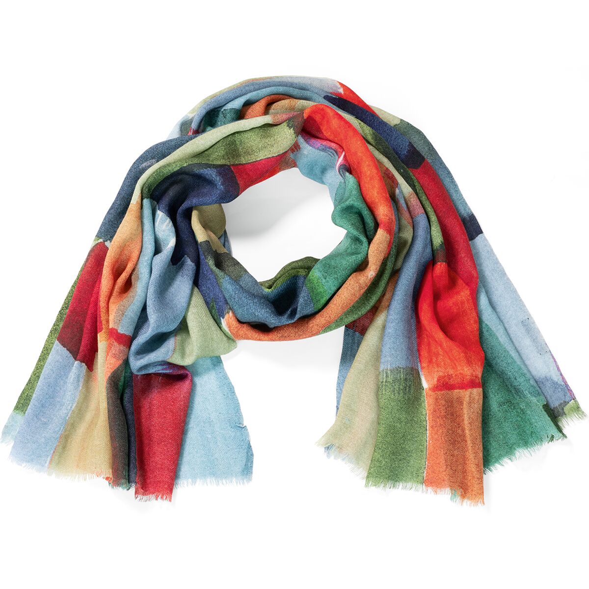 Auf dem Bild ist der Schal »Bonita« der Marke Ars mundi aus 92% Wolle und 8% Seide zu sehen. Der Schal ist locker drapiert und zeigt ein farbenfrohes, künstlerisches Muster aus leuchtenden Streifen und Flächen in Grün, Rot, Blau, Orange, Gelb, Schwarz und Beige, mit leicht ausgefransten Kanten.