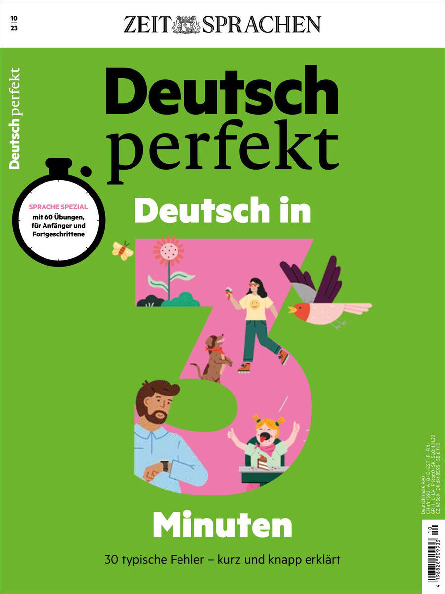 Deutsch perfekt Magazin 10/2023 Sonderausgabe: Ein grünes Cover mit dem Titel 'Deutsch perfekt' und der Aufschrift 'Deutsch in 3 Minuten'. Das Cover zeigt eine Uhr und Illustrationen von Menschen, die lernen und interagieren. Es gibt einen Kreis mit dem Text 'Sprache spezial: mit 60 Übungen, für Anfänger und Fortgeschrittene'.