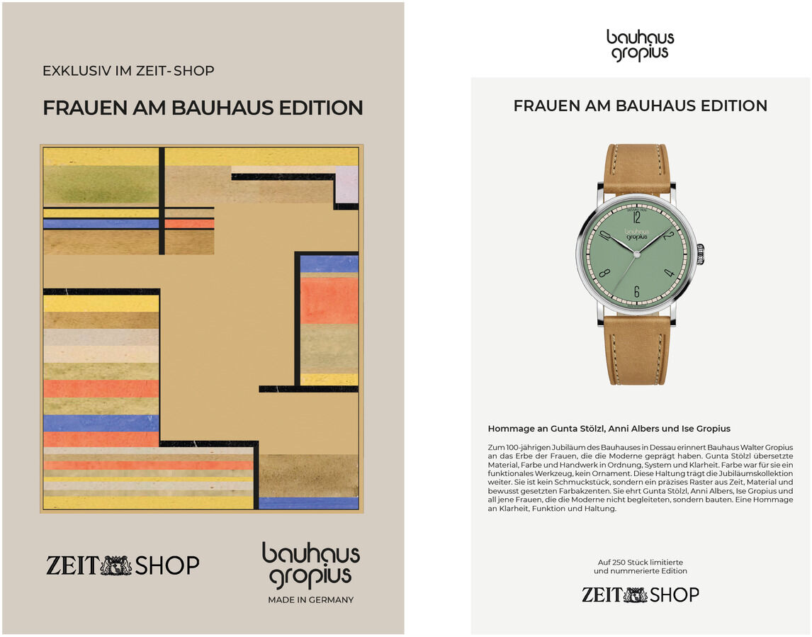 Links ein farbiges geometrisches Bauhaus-Motiv mit Text „FRAUEN AM BAUHAUS EDITION“, rechts eine Produktpräsentation der ZEIT-Sonderedition Uhr »Frauen am Bauhaus« Mint mit mintgrünem Zifferblatt, hellbraunem Lederarmband, Detailtext und Markennennung.