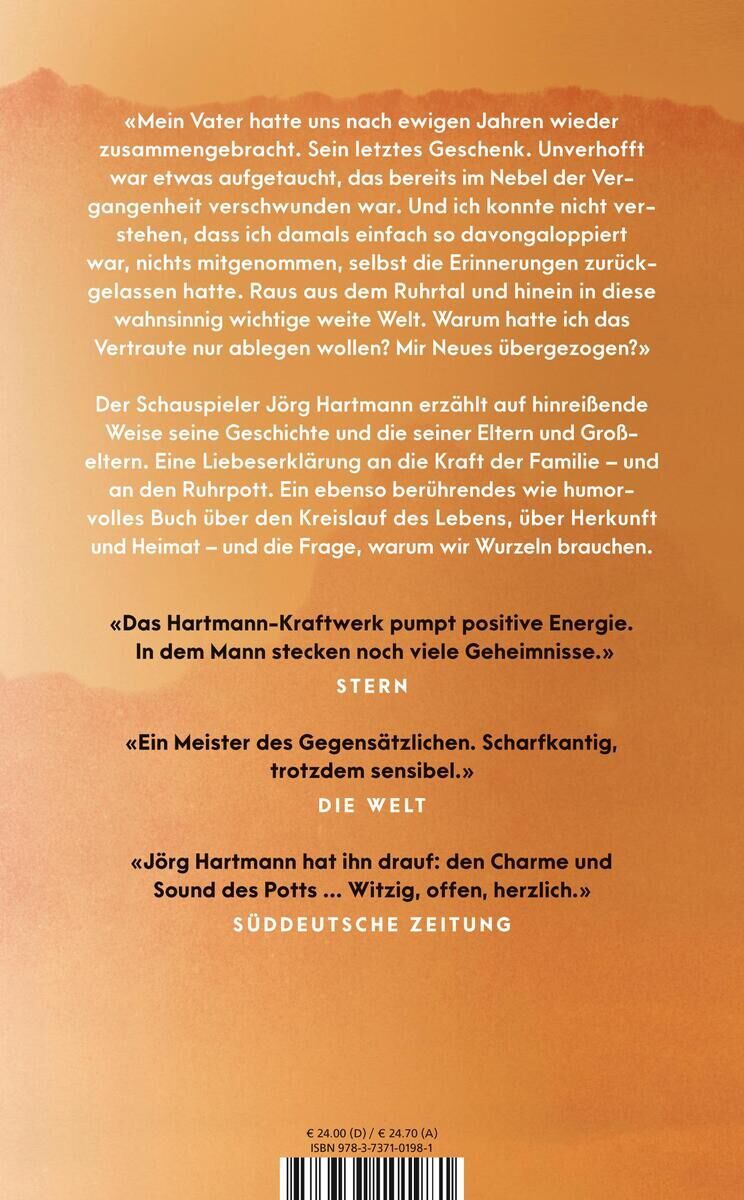 Das Bild zeigt die Rückseite des Buches 'Lärm des Lebens' von Jörg Hartmann. Der Hintergrund ist braun und beige, und der Text darauf ist weiß und schwarz geschrieben. Es gibt Zitate und Rezensionen über den Inhalt des Buches.