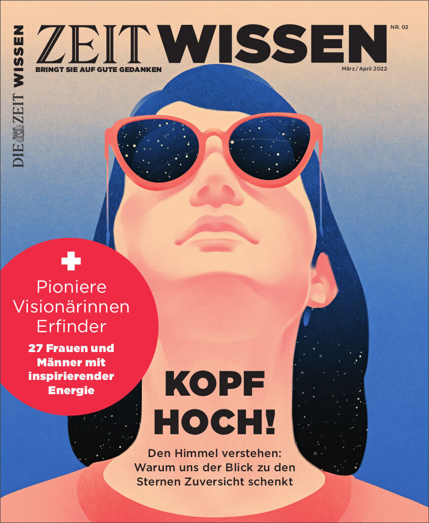 Cover des Magazins ZEIT WISSEN 2/22 mit dem Titel 'Kopf Hoch!' zeigt eine stilisierte Illustration einer Person mit Sonnenbrille, die nach oben schaut. Themen sind Pioniere, Visionärinnen, Erfinder und inspirierende Energie.