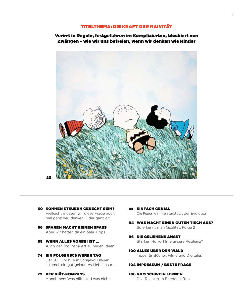 Titel: ZEIT WISSEN 2/23 - Die Kraft der Naivität. Bild zeigt einen Comic der Peanuts mit drei Figuren, die im Gras liegen. Der Hintergrund ist blau und grün. Mehrere Artikelüberschriften sind unten auf der Seite aufgelistet.