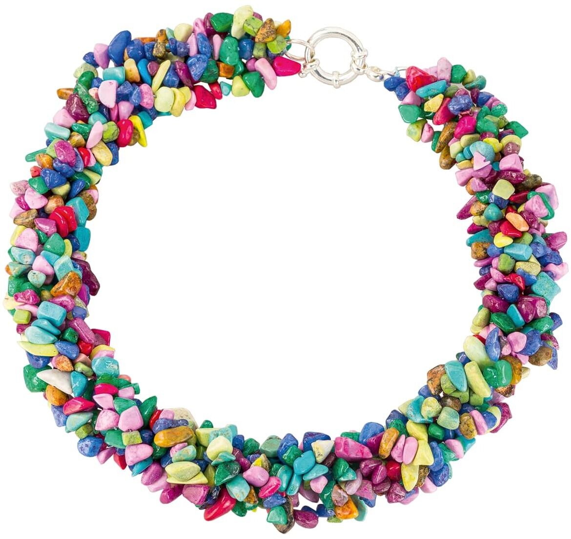 Ein farbenfrohes Collier namens 'Tesselles' von Petra Waszak, handgemacht mit bunten Perlen in unterschiedlichen Farben wie Rot, Grün, Blau, Gelb, Violett und Pink.