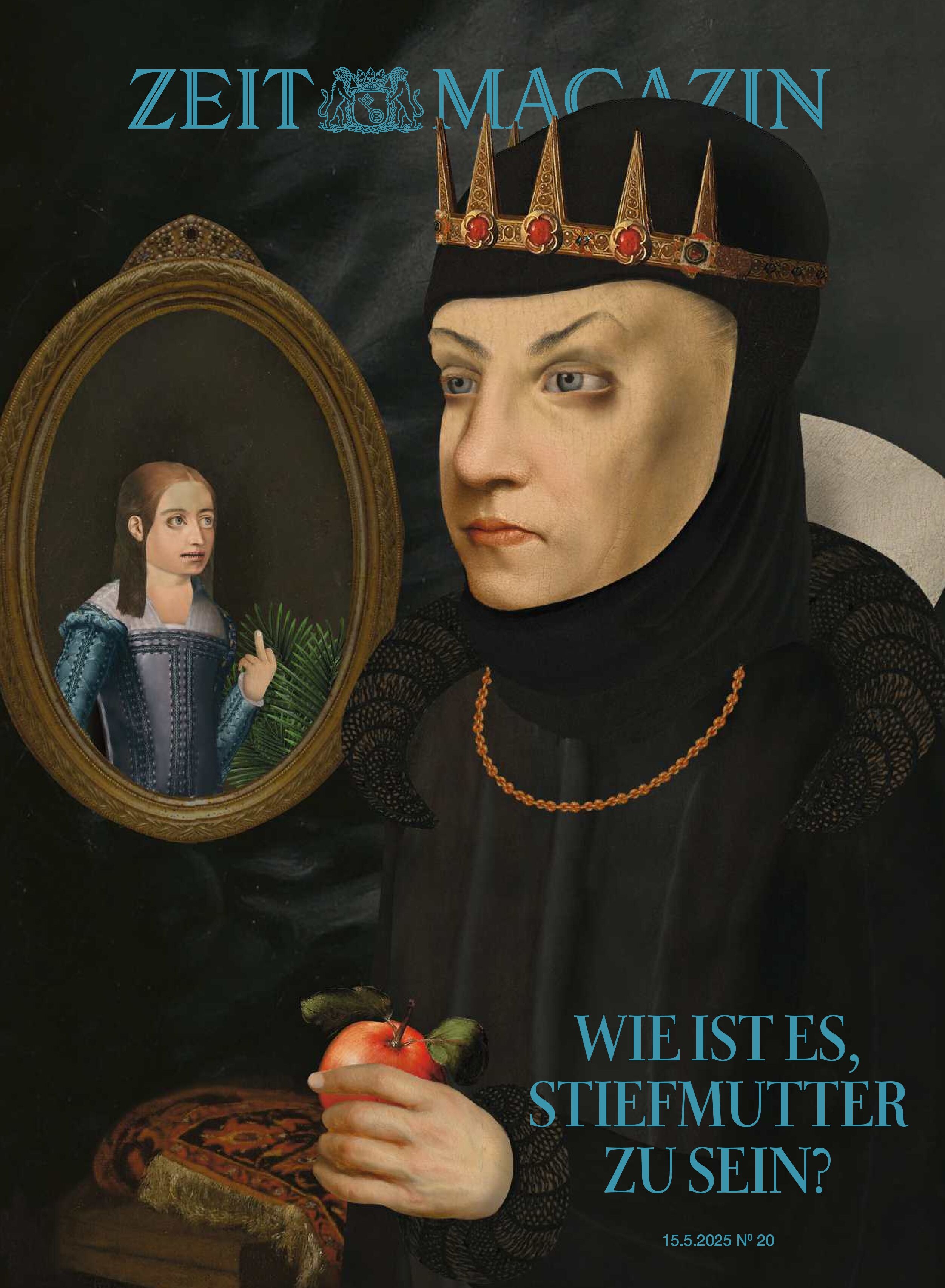 Titelbild des ZEIT Magazins 20/2025 mit einer künstlerischen Illustration einer Königin aus einem Märchen, die eine rote Frucht hält. Im Hintergrund ist ein gemaltes Porträt einer jungen Frau in historischen Kostümen zu sehen. Die Fragen zum Thema Stiefmutter werden thematisiert.