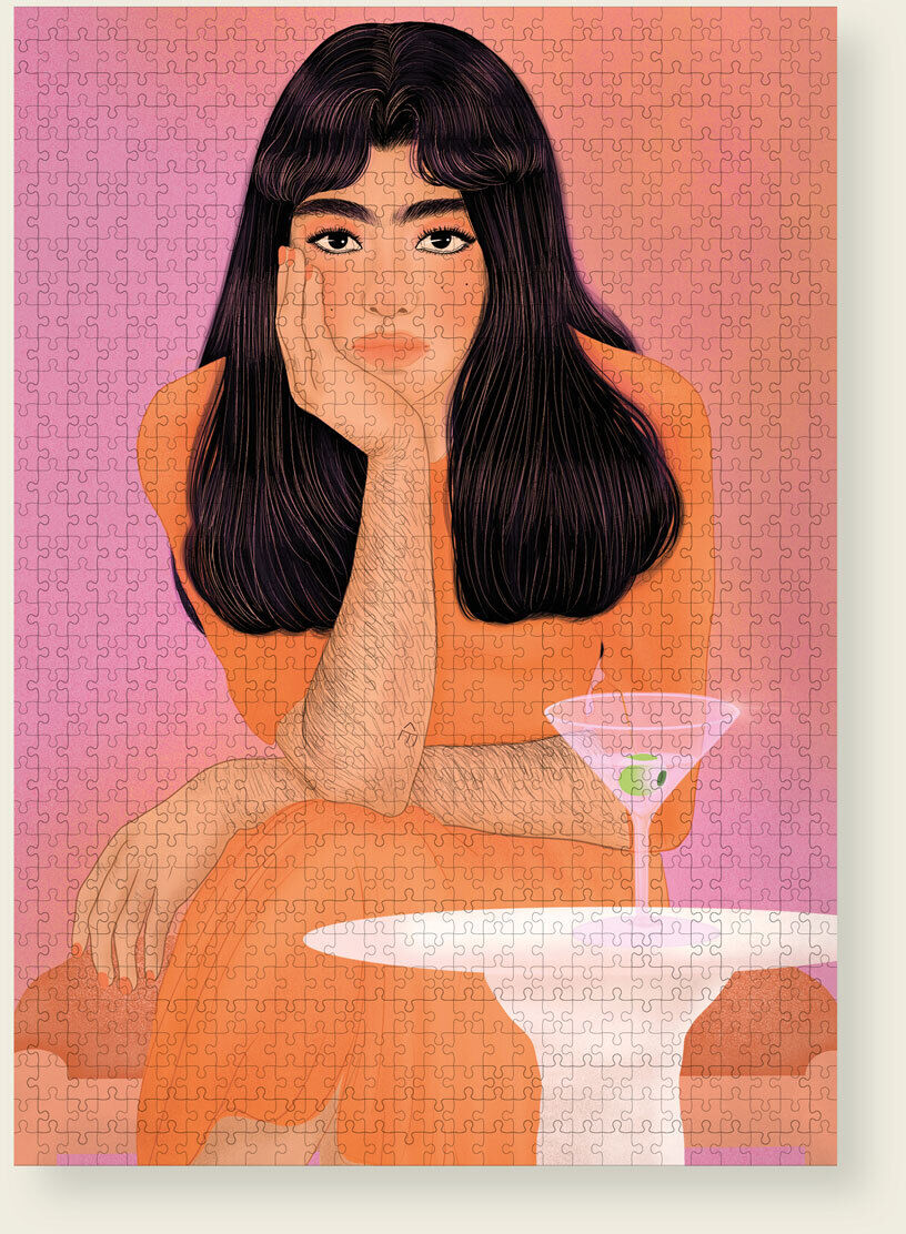 Illustration eines Puzzles mit dem Titel »Staring into the Void«, das eine nachdenkliche Frau zeigt, die auf einem Stuhl sitzt und einen Cocktail in einem Martini-Glas hält. Die dominierenden Farben sind Orange und Pink, mit einem Hauch von Beige, Weiß und Grün.