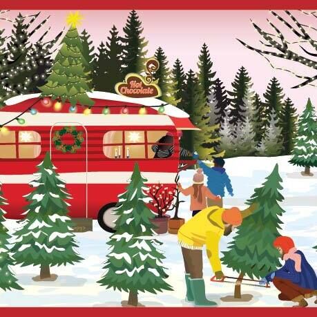 Die Illustration zeigt einen roten Wohnwagen im Schnee, umgeben von Tannenbäumen und verschneitem Wald. Auf dem Wohnwagen steht ein Schild „Hot Chocolate“, bunt leuchtende Lichterkette, oben ein geschmückter Weihnachtsbaum. Drei Personen schneiden Weihnachtsbäume, festlich winterliche Stimmung.