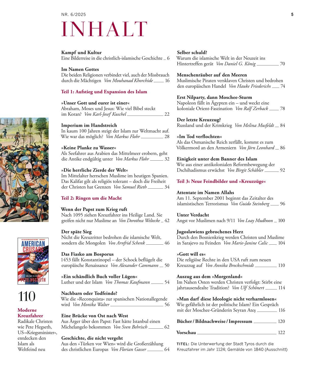 Detailliertes Inhaltsverzeichnis der Zeitschrift ZEIT GESCHICHTE 6/25 mit dem Themenschwerpunkt Christentum und Islam. Die Seite zeigt in schwarzer und roter Schrift die Artikelüberschriften, Seitenzahlen sowie eine Illustration und einen kleinen Buchtipp auf weißem Hintergrund.
