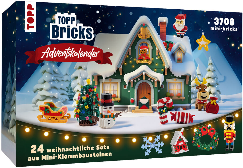 Das Bild zeigt den TOPP Bricks Adventskalender von frechverlag GmbH. Auf der Verpackung ist eine verschneite Weihnachtsszene mit Haus, Weihnachtsmann, Baum und Mini-Klemmbaustein-Sets abgebildet. Es werden 24 weihnachtliche Bausets in festlichen Farben präsentiert.