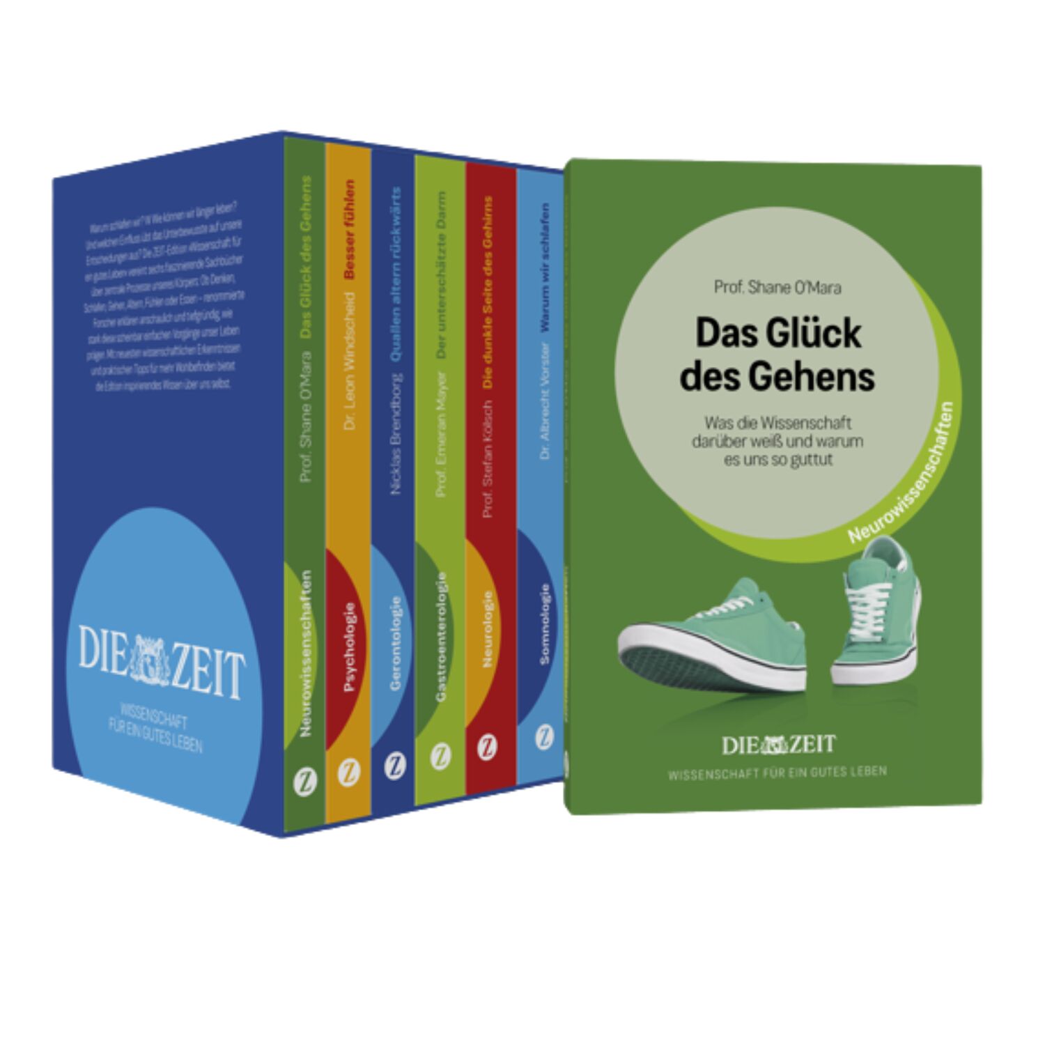 Mehrbändige ZEIT-Edition 'Wissenschaft für ein gutes Leben' in einer farbenfrohen Box, die fünf Bücher mit verschiedenen Sachthemen und modernem, klarem Design zeigt. Jedes Buchcover illustriert ein naturwissenschaftliches oder alltagsnahes Thema und ist farblich unterschiedlich gestaltet.