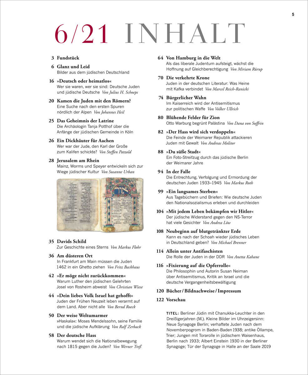 Das Bild zeigt die Inhaltsseite der Zeitschrift ZEIT GESCHICHTE 6/21 mit dem Thema 'Jüdisches Leben in Deutschland'. Die Inhalte sind nummeriert und in deutscher Sprache, mit einigen roten und blauen Akzenten.