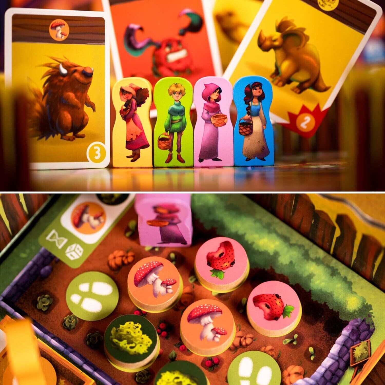 Das Bild zeigt das Brettspiel »Monsterhunger!« mit bunten Spielfiguren und illustrierten Monsterkarten. Im Vordergrund stehen vier verschiedenfarbige Figuren von Kindern sowie detailreich gestaltete Spielmaterialien auf einem farbenfrohen Spielbrett. Die Szene vermittelt eine fantasievolle und kinderfreundliche Spielatmosphäre.