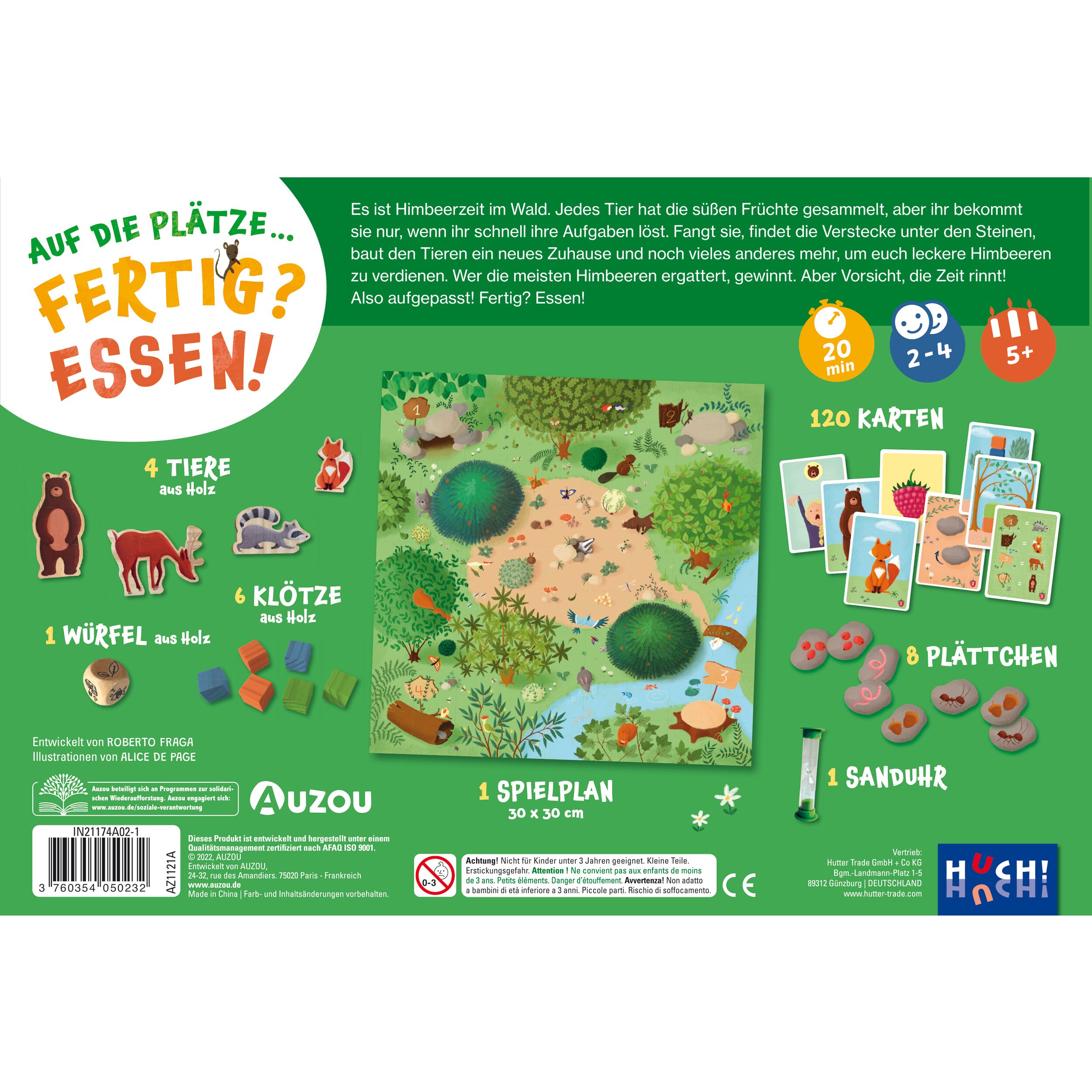 Rückseite des Brettspiels »Auf die Plätze! Fertig? Essen!« zeigt eine farbenfrohe Spielanleitung mit Illustrationen von Waldtieren und einem Waldspielplan. Zu sehen sind verschiedene Spielbestandteile wie Tiere, Karten, Klötze, Würfel, Sanduhr und Plättchen. Hervorgehobene Texte informieren über den Spielverlauf und die Spieleranzahl. Das Layout ist kinderfreundlich und bunt gestaltet.