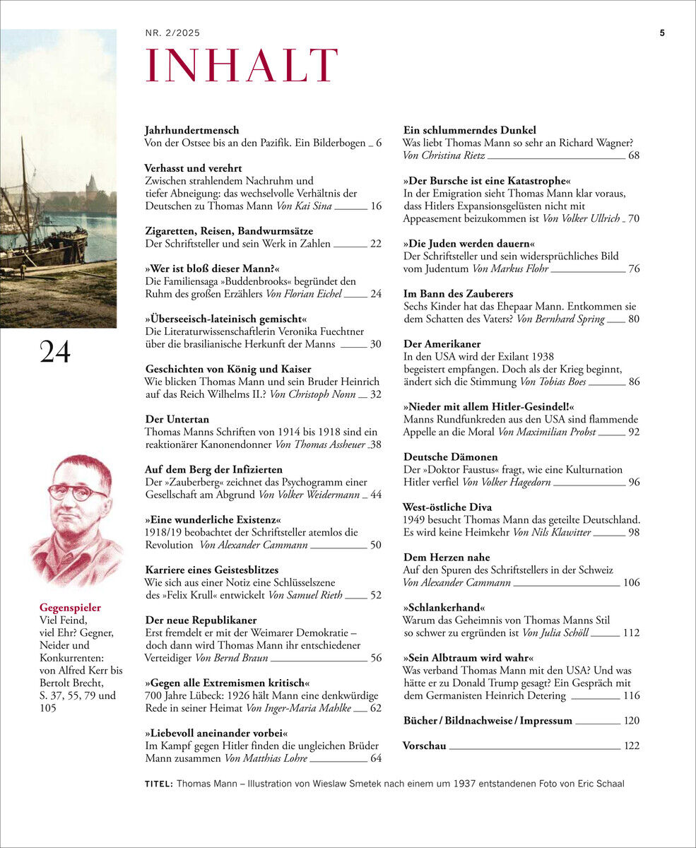 Zeitschriftentitel ZEIT GESCHICHTE 2/25 mit Hauptthema Thomas Mann. Inhaltsübersicht mit roten und schwarzen Schriftzügen und einem gezeichneten Porträt. Eine Stadt- und Hafenszene im Hintergrund.