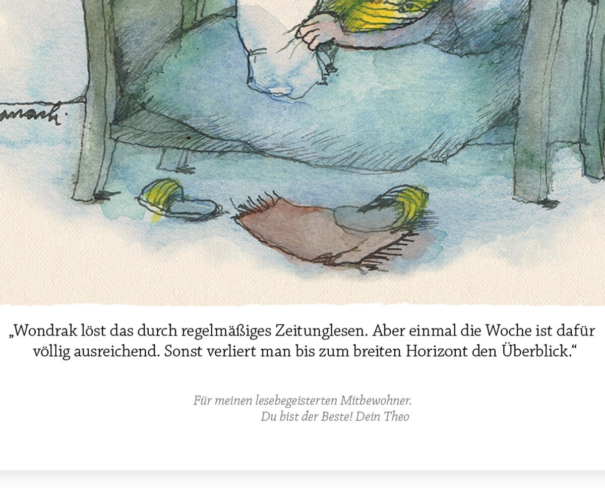Ein illustriertes Bild von Janosch mit einer humorvollen Szene. Ein Charakter liegt im Bett, umgeben von Büchern, mit dem Text 'Herr Janosch, wie erweitert man seinen Horizont?' Darüber die Antwort: 'Das regelmäßige Zeitungslesen.' Hellgrüne und blaue Farbtöne dominieren die Zeichnung.