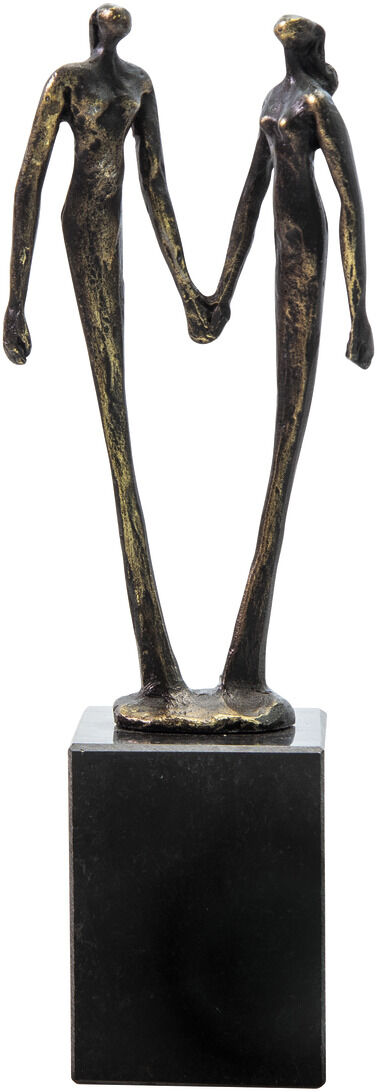 Abstrakte Skulptur aus Bronzeoptik auf schwarzem Sockel, zeigt zwei stilisierte Personen, die sich an den Händen halten; Symbol für Freundschaft und Zusammenhalt, geeignet als Dekorationsobjekt oder Geschenk.