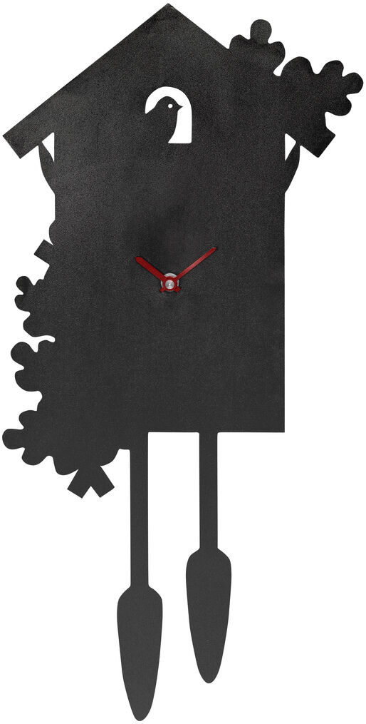 Eine moderne, schwarze Wanduhr im Stil einer Kuckucksuhr mit roten Zeigern und einem Vogelmotiv.