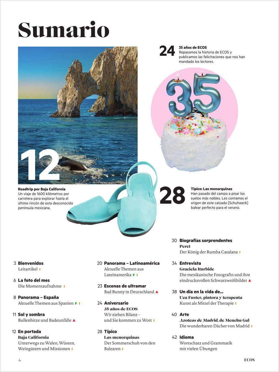 Inhaltsverzeichnis des Ecos Magazins 10/2026 mit dem Titel 'Sumario', großem Foto einer Felsformation am Meer bei blauem Himmel, türkisen Sandalen, Foto einer Geburtstagstorte mit bunten Streuseln und Zahlenkerzen 3 und 5. Farbige Akzente und verschiedene Themenüberschriften.
