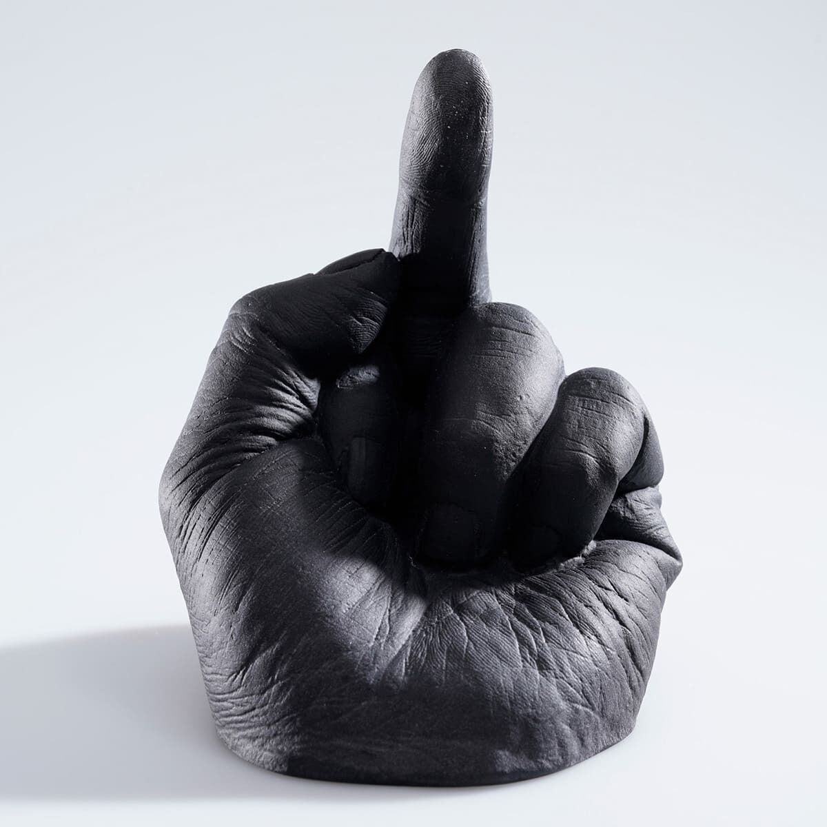 Eine schwarze Skulptur in Form einer menschlichen Hand, die den Mittelfinger zeigt. Die Oberfläche scheint aus einem festen Material wie Glas gefertigt zu sein. Die Skulptur steht auf einem weißen Hintergrund, der die Hand deutlich hervorhebt.