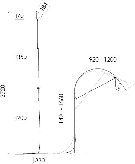 Technische Zeichnung der Stehlampe AYNO Silk. Die Lampe hat eine verstellbare Höhe, um in verschiedenen Positionen genutzt zu werden. Es gibt Maßangaben in der Zeichnung.