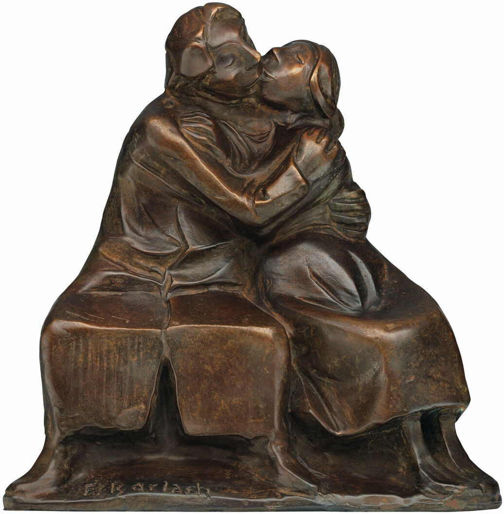 Bronzeskulptur von Ernst Barlach, betitelt »Kussgruppe I« aus dem Jahr 1921, zeigt zwei eng umarmende und sich küssende Figuren.