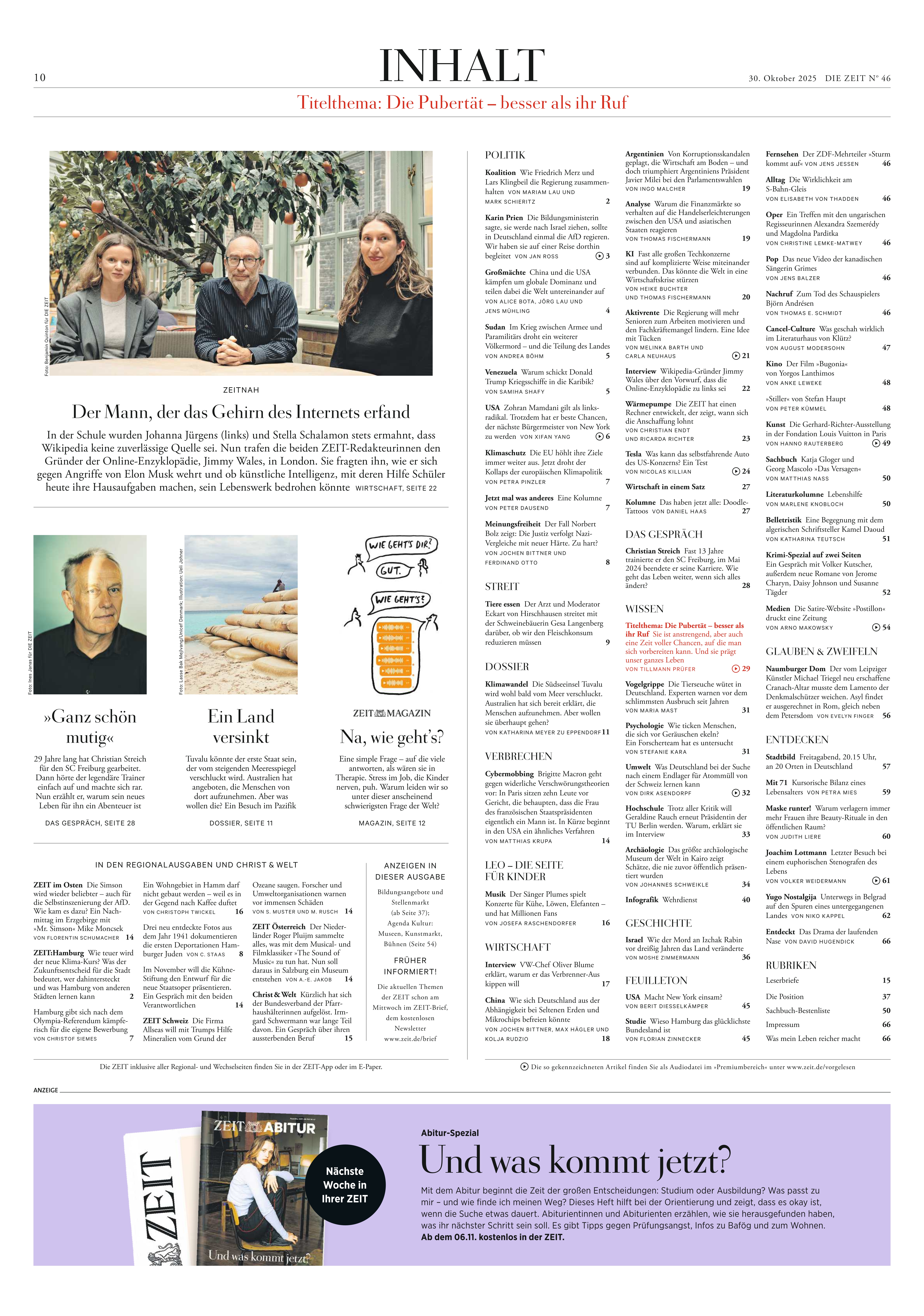 Titelseite der Wochenzeitung DIE ZEIT Ausgabe 46/2025 mit Inhaltsverzeichnis, Artikelfotos und Textübersichten. Die Seite zeigt mehrere Rubriken wie Politik, Gesellschaft und Kultur sowie Fotos von Autoren und Themen, geeignet für Leser, die sich für aktuelle Nachrichten und Hintergrundberichte interessieren.
