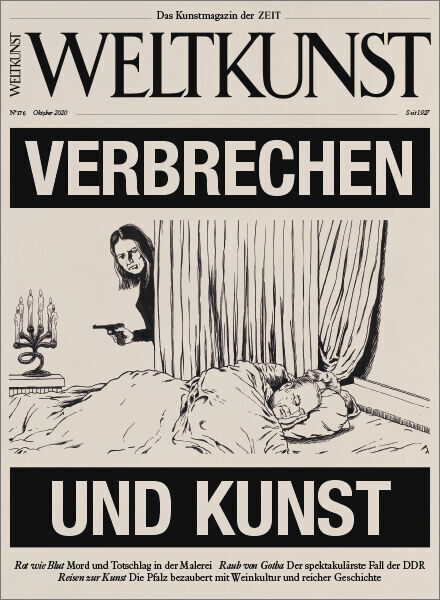 Ein Cover des Magazins WELTKUNST 176/20 mit dem Titel 'Verbrechen und Kunst'. Das Bild zeigt eine Schwarz-Weiß-Zeichnung eines im Bett liegenden Menschen sowie eine Figur, die einen Vorhang zur Seite zieht. Darüber steht in großen Buchstaben 'VERBRECHEN' und darunter 'UND KUNST'.