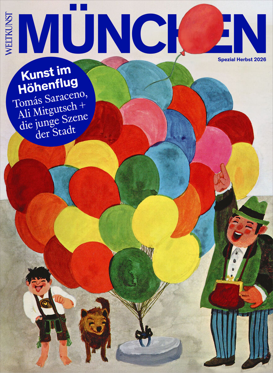 Cover des Magazins WELTKUNST Sonderheft München mit vielen bunten Ballons im Mittelpunkt. Links ein fröhliches Kind mit einem Hund, rechts steht ein lachender Mann in Tracht mit einem Bierkrug. Im Hintergrund neutrale Töne. Titel und Infos in Blau und Weiß.