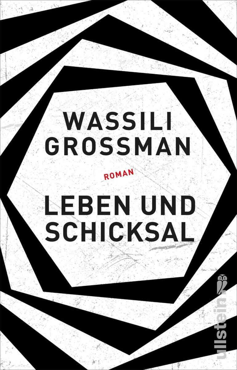 Buchcover von 'Leben und Schicksal' von Wassili Grossman. Weiße Grundfläche mit schwarzen geometrischen Mustern und rotem Text.
