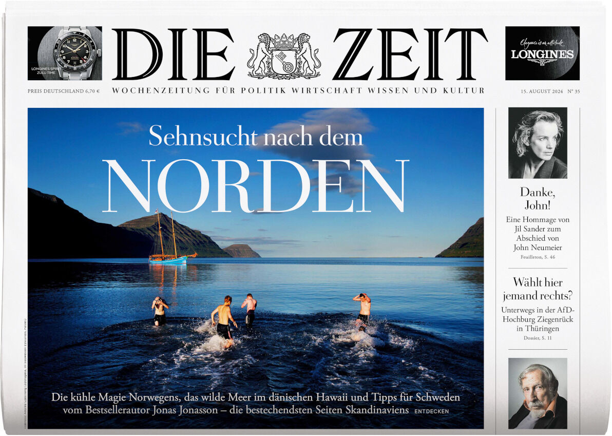 Das Titelblatt der Zeitschrift DIE ZEIT Ausgabe Nr. 35/2024 mit dem Schwerpunkt 'Sehnsucht nach dem Norden', zeigt ein Bild von norwegischen Fjorden. Die Titelseite enthält auch Artikel über Jonas Jonasson und Longines Werbung.