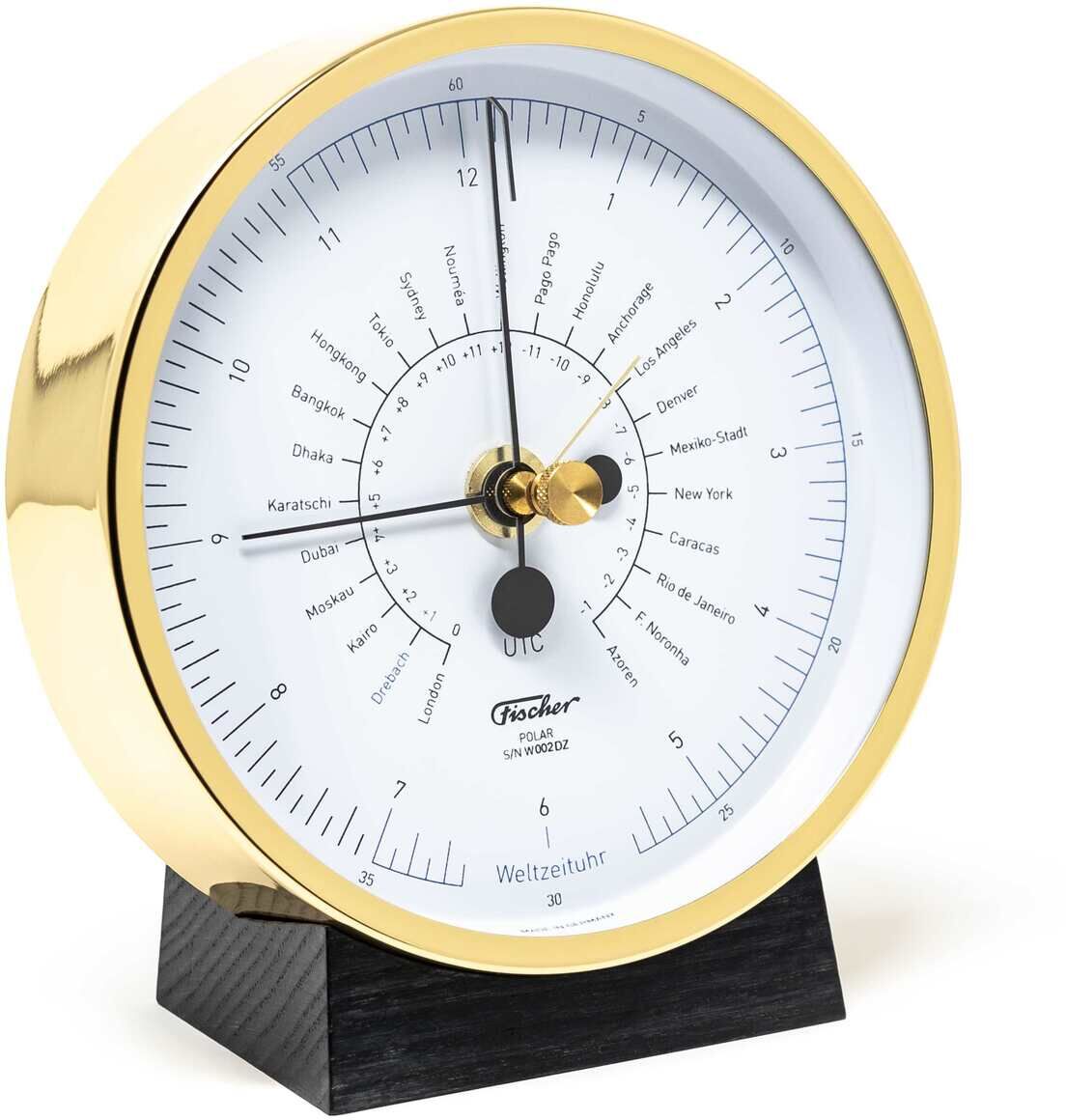Sockel »POLAR« Instrumente Barometer von Fischer mit goldener Umrandung und schwarzem Sockel, zeigt verschiedene meteorologische Messwerte an.