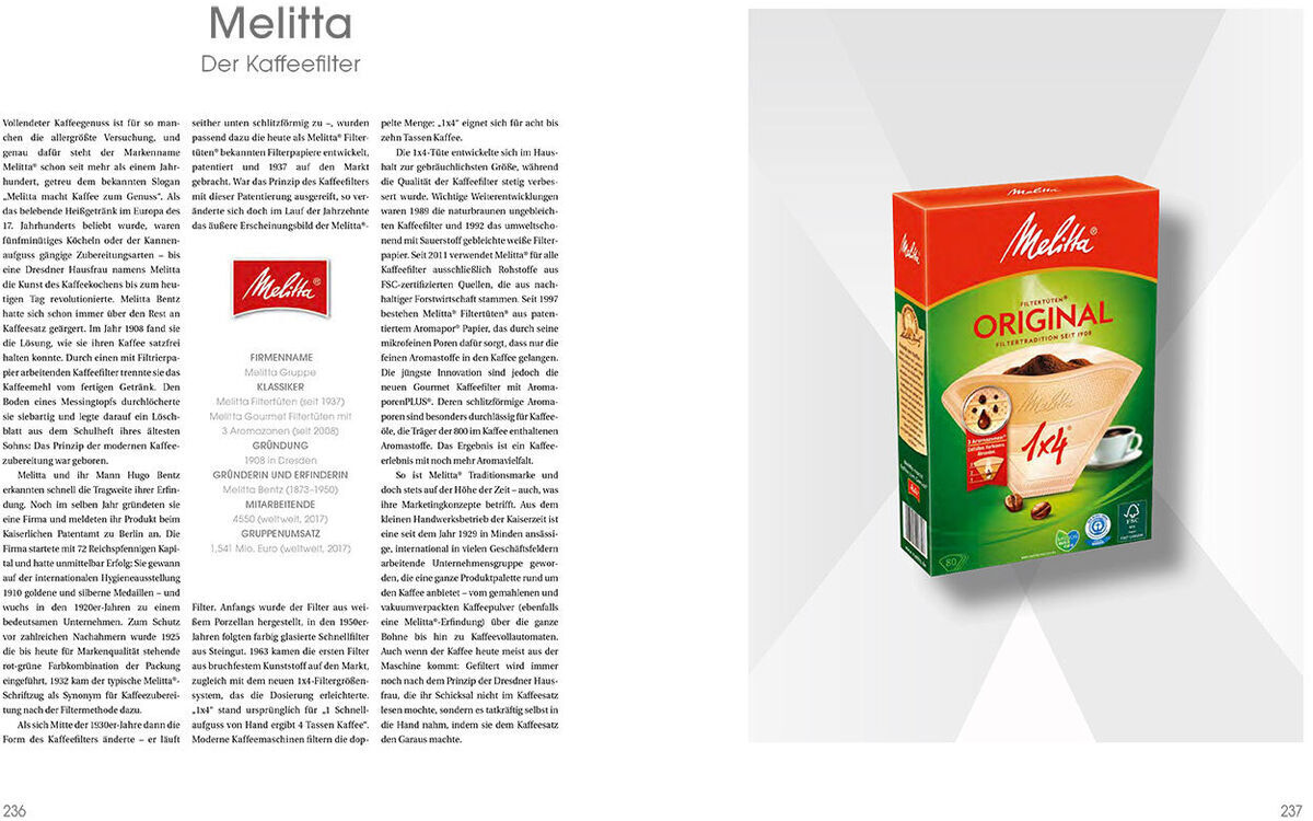 Bild einer Doppelseite aus dem Buch 'Deutsche Standards – Marken des Jahrhunderts 2019', auf der linken Seite ein Abschnitt über Melitta, den Kaffeefilterhersteller, mit Text und Bild des Logos, auf der rechten Seite eine Abbildung einer Melitta-Original-Kaffeefilterverpackung in den Farben Rot, Grün und Gelb.