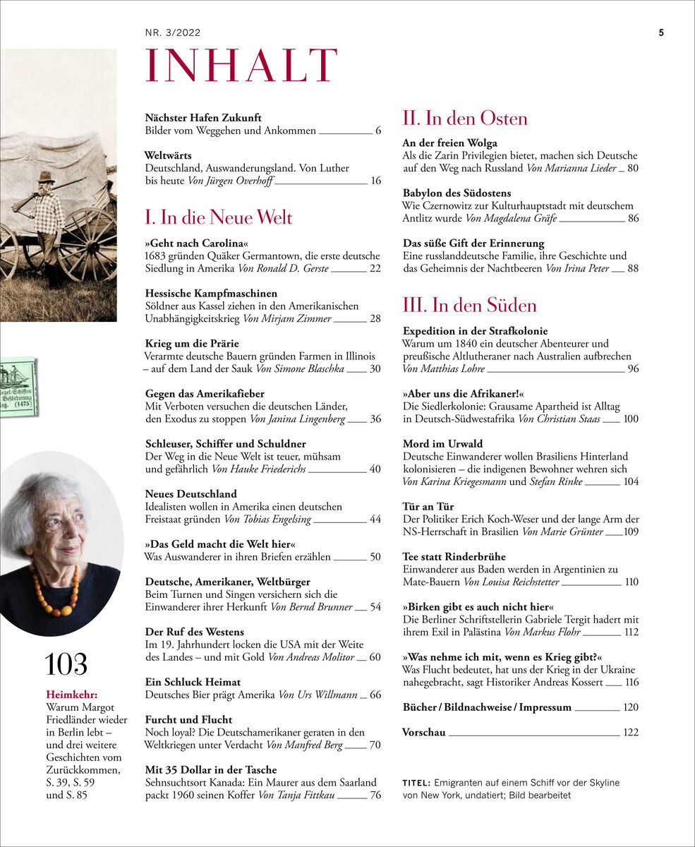Das Titelbild des Magazins ZEIT GESCHICHTE 3/22 zeigt den Inhaltsverzeichnis einer Ausgabe zu deutschen Auswanderern. Die Hauptfarben sind weiß mit rotem Text. Bilder und Artikelüberschriften sind im Magazin sichtbar.