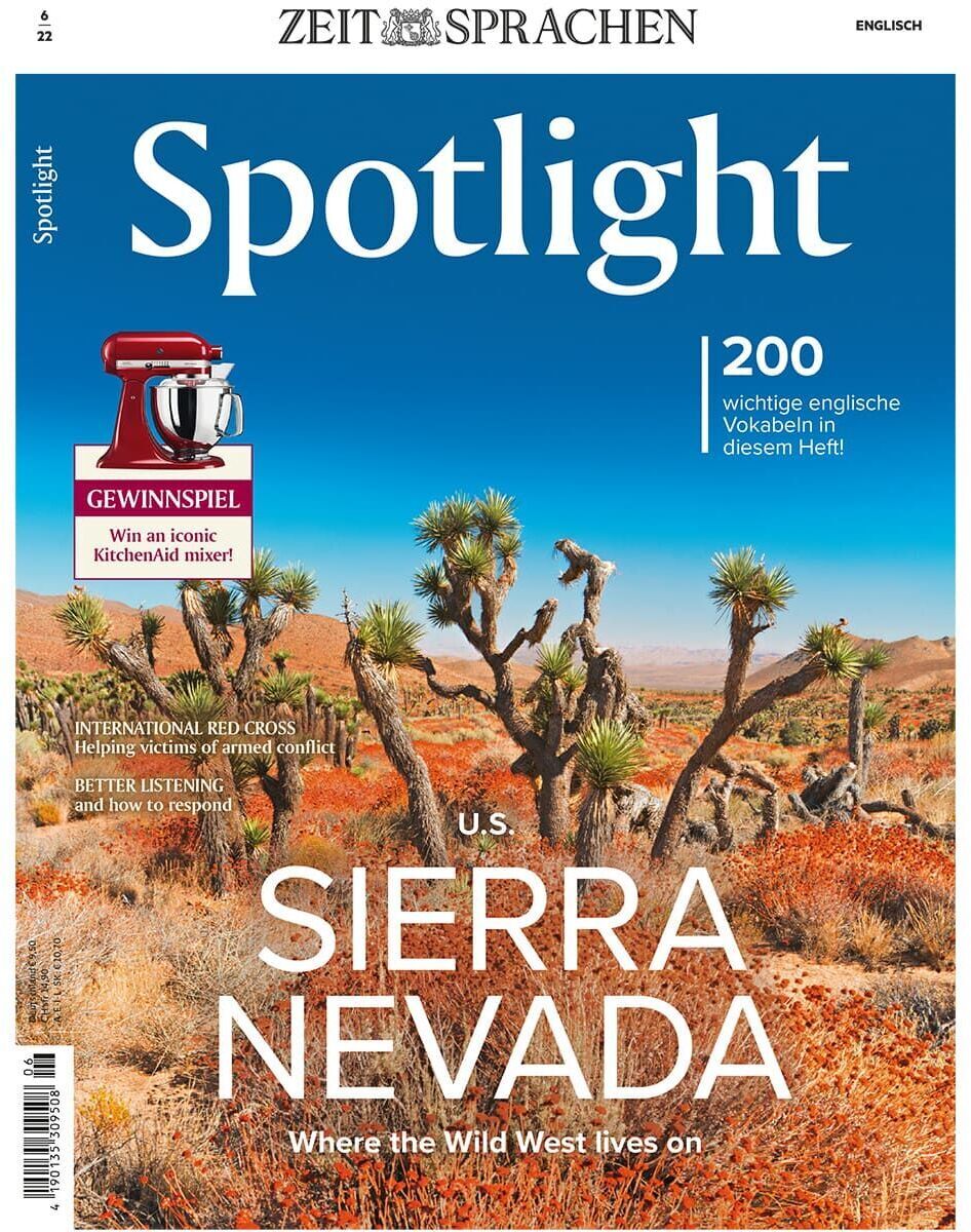 Coverbild der Zeitschrift Spotlight Heft 06/2022. Der Titel zeigt eine Landschaft der Sierra Nevada in den USA mit typischen Bäumen (Joshua Trees). Oben ist das Wort 'Spotlight' in Weiß auf einem blauen Hintergrund geschrieben. Enthält Hinweise auf einen Gewinnspiel und wichtige englische Vokabeln in diesem Heft.
