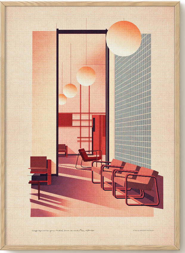Das Poster zeigt eine stilisierte Innenansicht der Bocconi Universität in Mailand mit modernen Stühlen, geometrischen Formen und großen, leuchtenden Kugellampen in warmen Orangetönen. Rechts befindet sich eine Glaswand mit rechteckigem Muster, die Szene ist in minimalistischer Ästhetik gehalten. Das Bild strahlt modernes italienisches Design und architektonische Eleganz aus.