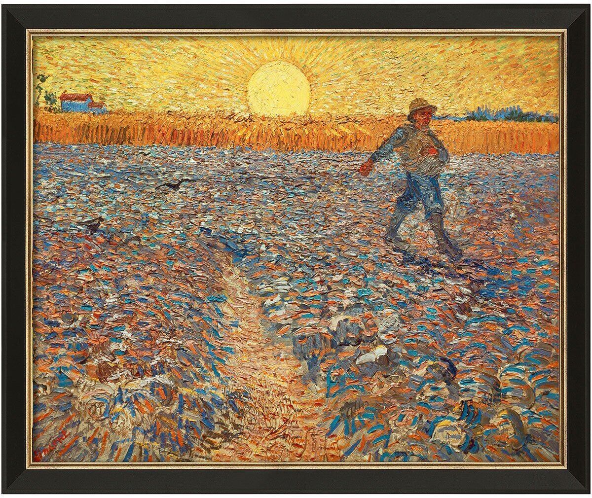 Gemälde von Vincent van Gogh mit einem Sämann bei untergehender Sonne, 1888. Der Acker ist voller Pflanzen in Blau- und Brauntönen, mit einem großen, gelben Sonnenuntergang im Hintergrund. Rechts im Bild ist der Sämann in traditionellen Arbeitskleidern, während das Weizenfeld im Hintergrund eine warme, goldene Farbe hat.