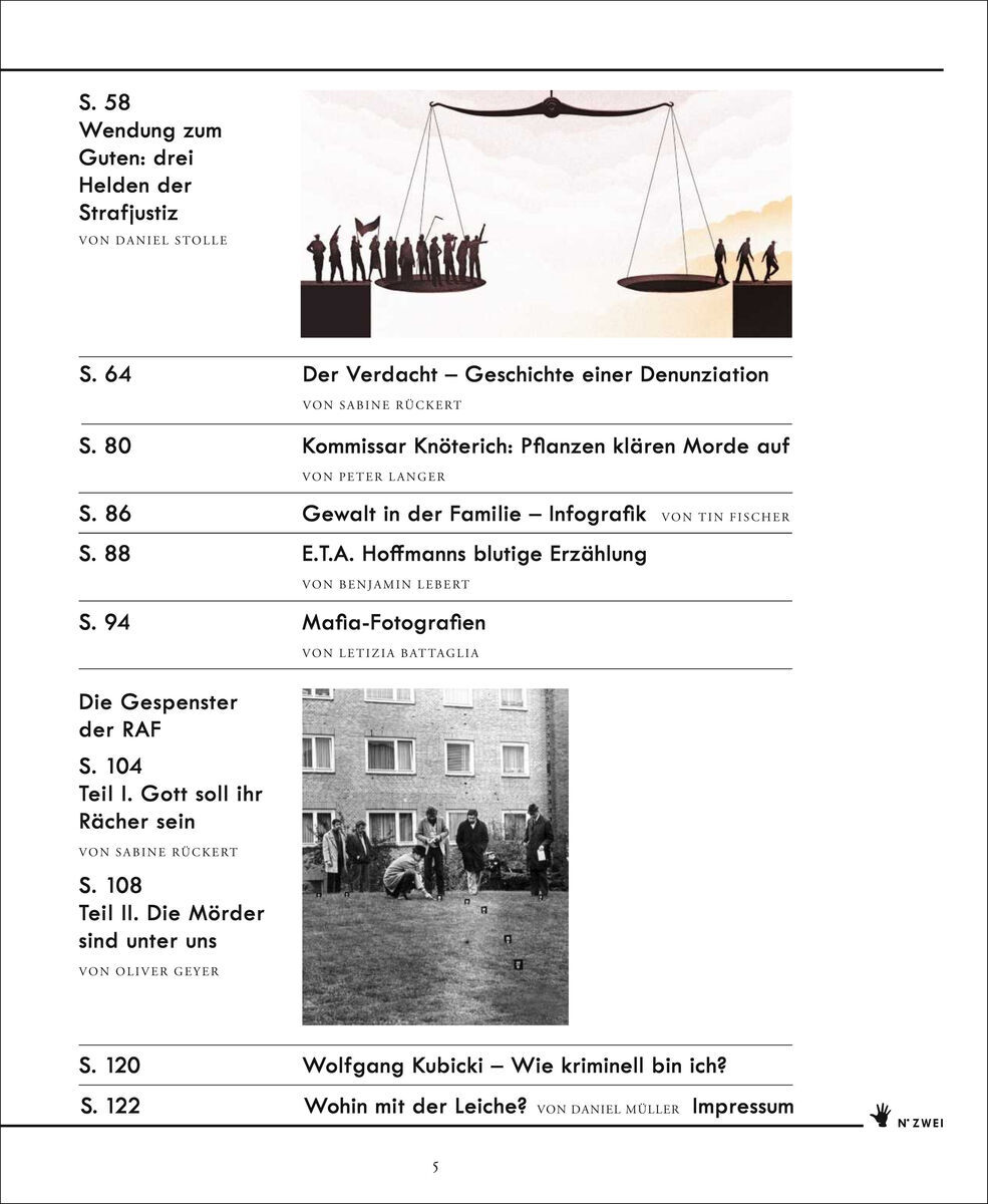 Das Bild zeigt das Inhaltsverzeichnis der Zeitschrift 'ZEIT VERBRECHEN 2/18'. Es enthält verschiedene Artikel über Kriminalgeschichten, Ermittlungen und Justizfälle, darunter Themen wie die RAF, Mafia-Fotografien und die Geschichte einer Denunziation. Das Layout ist in Schwarz, Weiß und Grau gehalten.