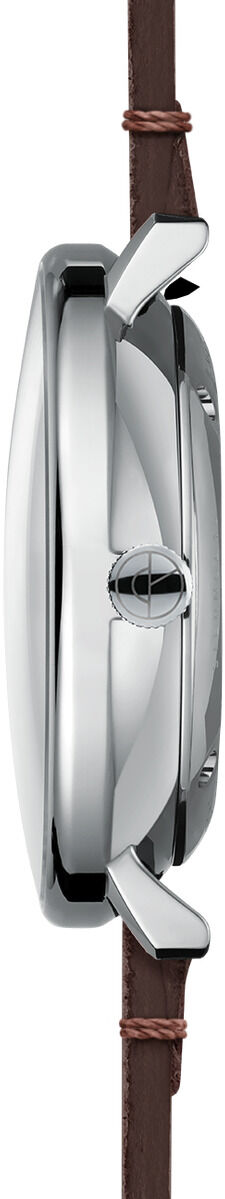 Seitliche Ansicht einer ZEIT-Sonderedition Uhr »Hamburg« mit silbernem Edelstahlgehäuse und braunem Lederarmband.