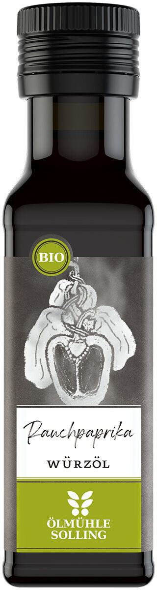 Flasche BIO Rauchpaprika Würzöl von Ölmühle Solling, 100ml, aus dunklem Glas mit schwarzem Schraubdeckel. Etikett in Olivgrün und Weiß, illustriert mit Paprikazeichnung, grüner BIO-Hinweis, klare Produktbezeichnung. Stehend vor weißem Hintergrund.