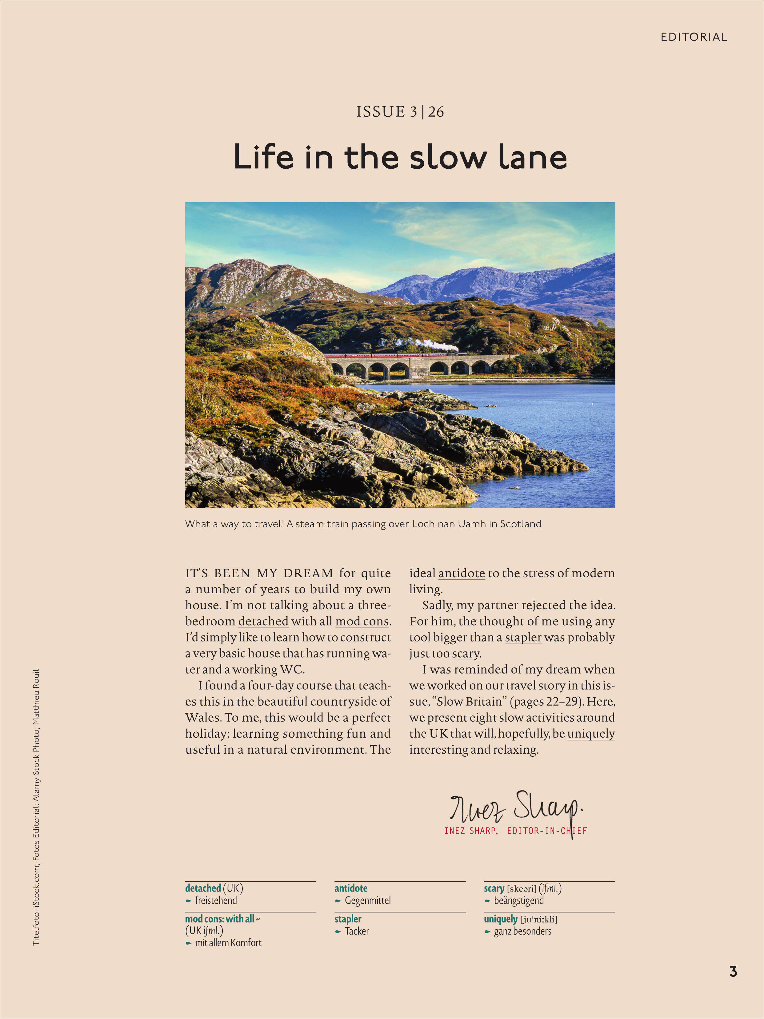 Coverseite des Spotlight Magazins 3/2026 mit einem großen Farbfoto eines Zuges, der eine Brücke über einen ruhigen See vor einer Berglandschaft passiert. Darüber steht der Titel 'Life in the slow lane'. Der Hintergrund ist beige. Unter dem Foto befindet sich ein Editorialtext auf Englisch sowie die Signatur der Chefredakteurin. Seitlicher Rand zeigt Verlagsinformationen.