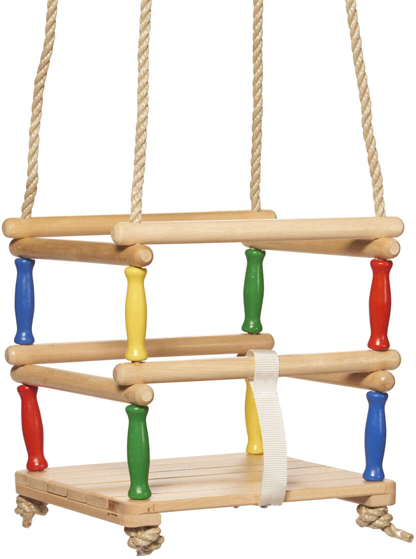 Schaukel aus Buchenholz mit farbigen Stäben und stabilen Seilen. Die Sitzfläche ist rechteckig mit Holzlatten und die bunten Stäbe an den Seiten sind rot, blau, grün und gelb. Die Schaukel hängt an robusten Seilen und hat ein sicherheitsweis.