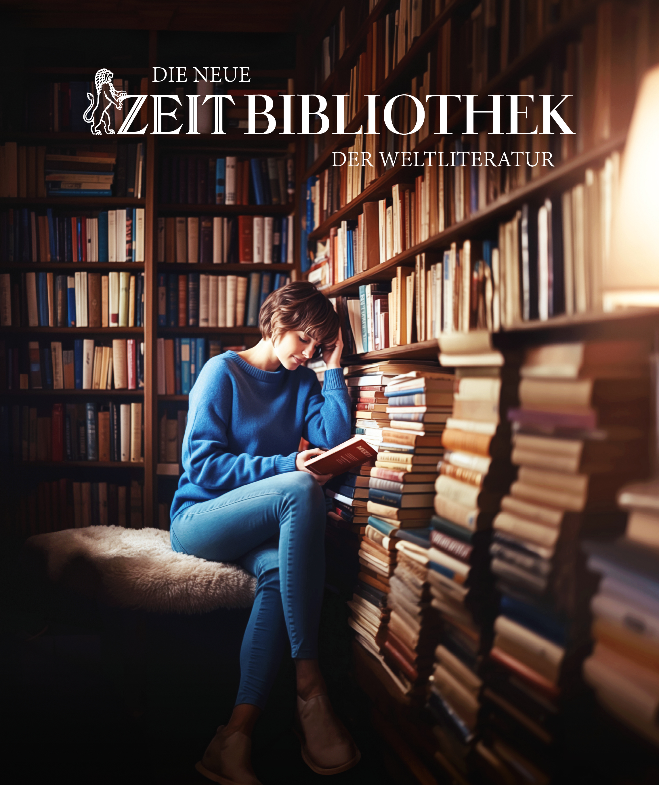 Das Bild zeigt eine Frau, die in einer gemütlichen Umgebung sitzt und ein Buch liest. Im Hintergrund ist eine große Bücherwand zu sehen.
