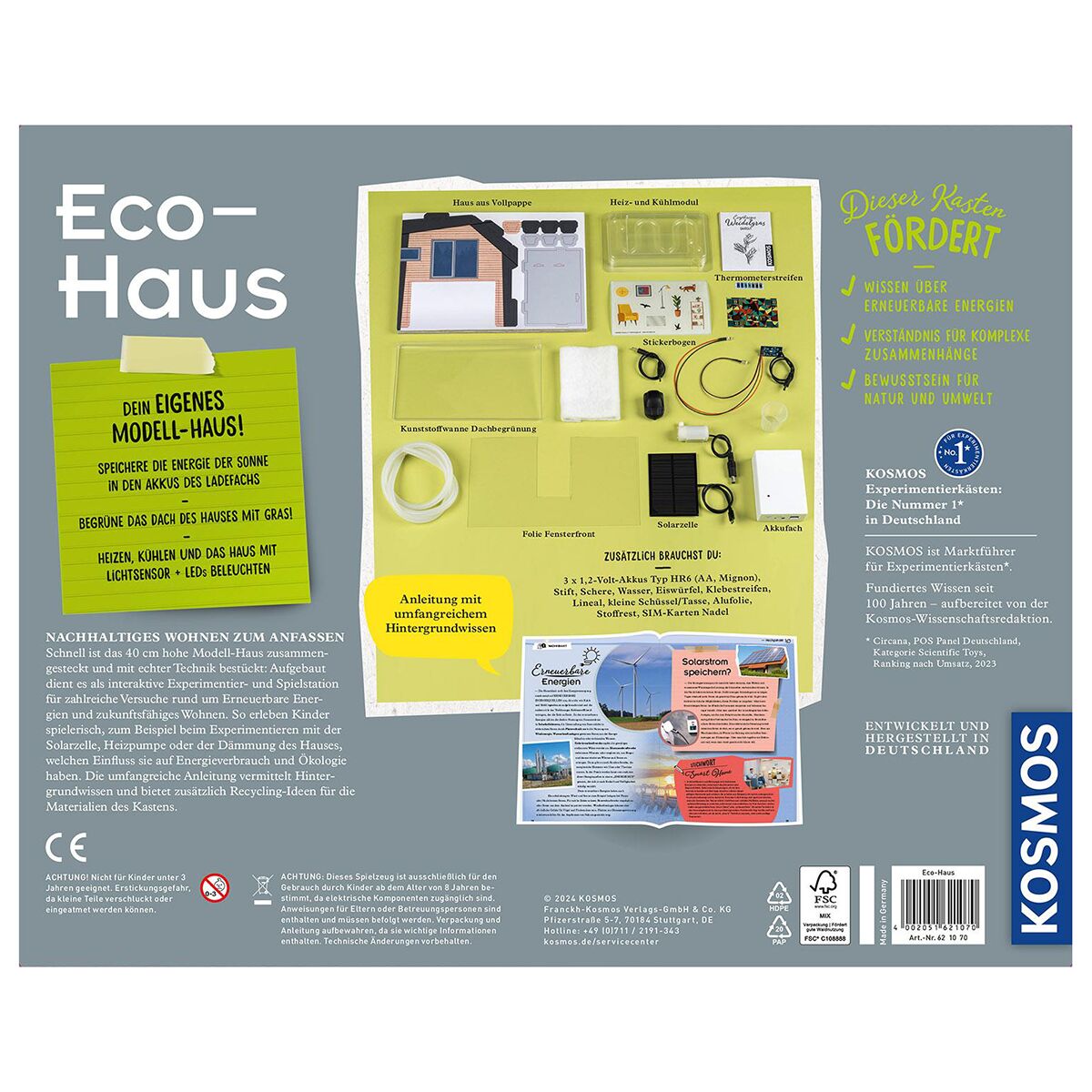 Vorderseite der Verpackung des Produkts Eco-Haus von Kosmos. Abgebildet sind verschiedene Bauteile und Materialien für ein nachhaltiges Modellhaus, darunter Solarpanel, Kabel, kleine Bauteile, eine Anleitung und farbig unterlegte Felder. Das Layout zeigt auch Infotexte zu Umweltfreundlichkeit und Lerninhalten. Im unteren Bereich ergänzende Bilder sowie Hinweise zur Nachhaltigkeit und nachhaltigem Wohnen.