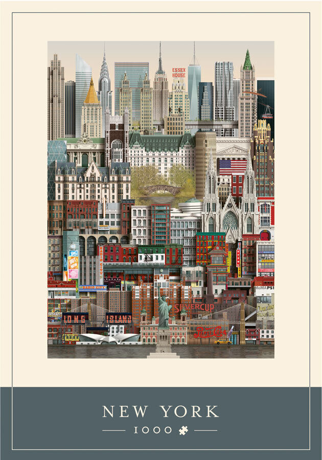 Puzzle mit 1000 Teilen zeigt eine Stadtansicht von New York mit verschiedenen ikonischen Gebäuden und Sehenswürdigkeiten in einer detaillierten Illustration.